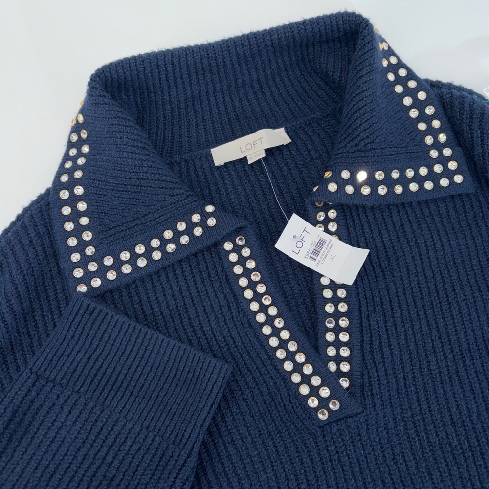 Loft Navy Blue Rhinestone Embellished Ribbed Polo V-Neck Sweater XL NWT